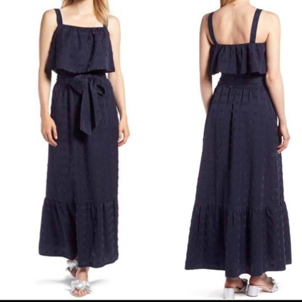 1901 Womens Navy Texture Clip Dot Tie Waist Maxi Sundress Raised Circle Size M
